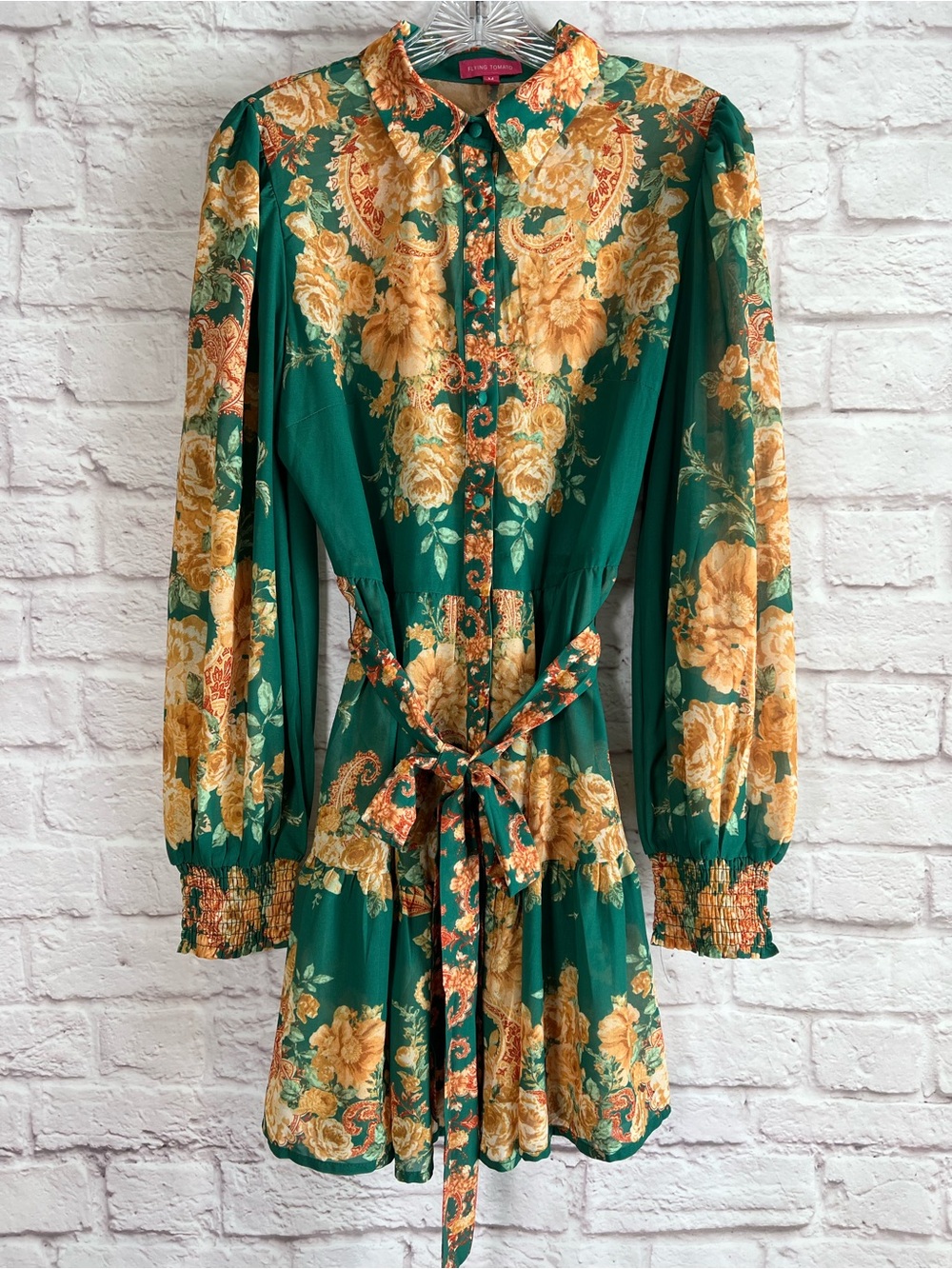 Flying Tomato Green Floral Tie-Waist Long Sleeve Mini Shirtdress Size M - Picture 9 of 16